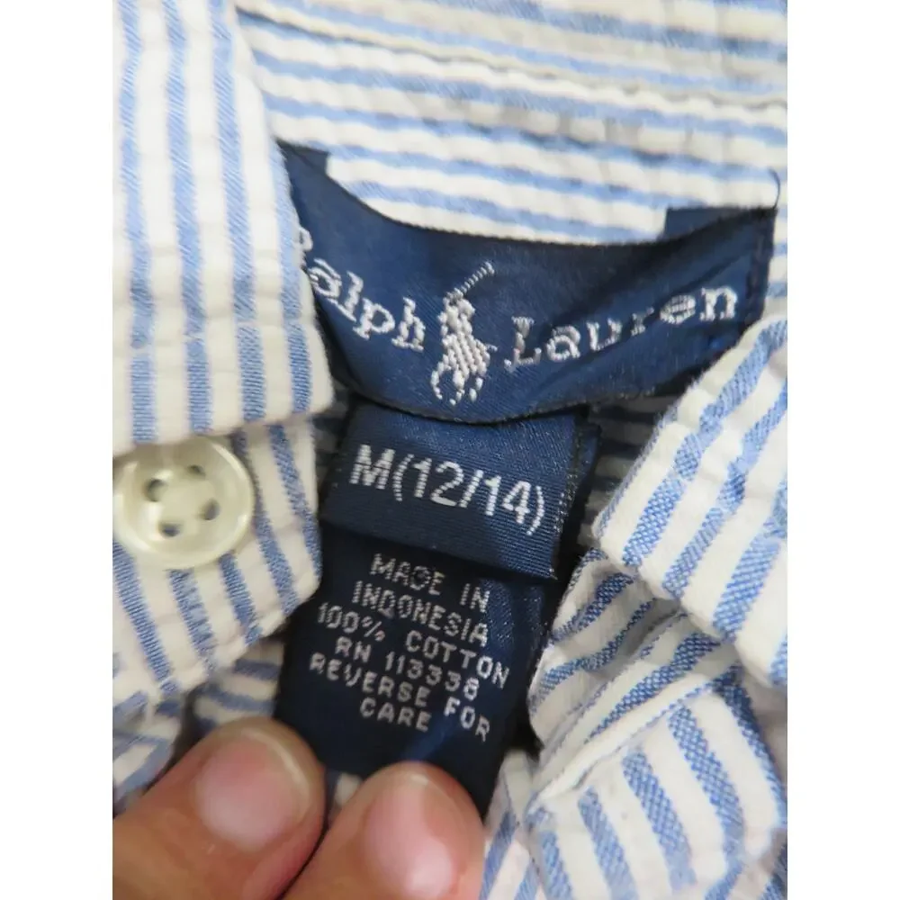 Ralph Lauren Boys Sz 12/14 Blue Striipe Short Sleeve Oxford Shirt Preppy
